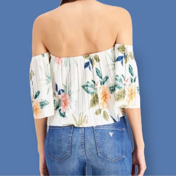 Off Shoulder Pleated Top Sz L Guess Hanalei Blooms - Picture 4 of 13
